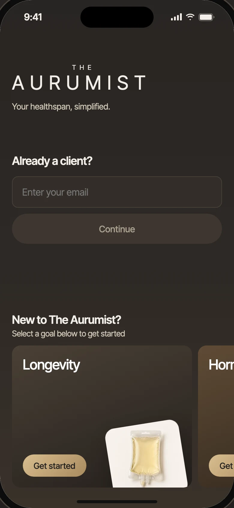 The app’s welcome screen in The Aurumist’s colours